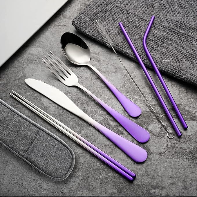 Travel Utensils Set with Case Reusable Portable Cutlery Set Stainless Steel 8pcs Including Dinner Knife Fork Spoon Chopsticks straws (Gradient Purple)-Ruum Studio Home