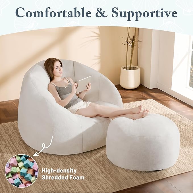 Giant Bean Bag Chaise Lounge Indoor Chair for Adults - Comfy Plush Round Shell Soft Accent Chair, Oversized Cozy Floor Sofa for Living Room, Bedroom & Game Rooms, Beige-Ruum Studio Home