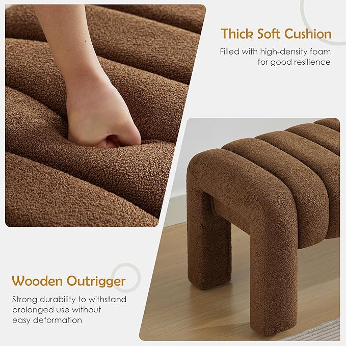43.3" Bedroom Bench, Upholstered Entryway Bench, Modern End of Bed Ottoman with Solid Wood Legs and Adjustable Foot Pegs for Entryway, Dining Room and Living Room (Brown Boucle)-Ruum Studio Home