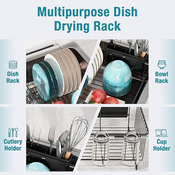 Dish Drying Rack in Sink, Over The Sink Colander Strainer Basket, Stainless Steel Strainer Basket with Expandable Rubber Grip Handles for Vegetables, Fruits, Home Kitchen Essentials, Black-Ruum Studio Home