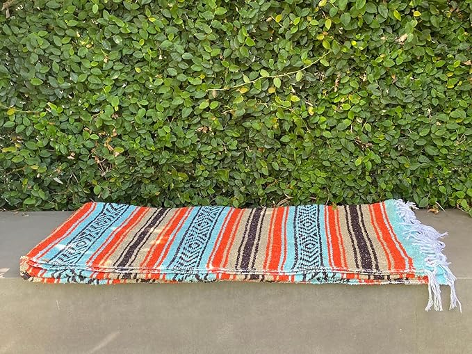 Del Mex Classic Mexican Blanket, Large Authentic Woven Falsa Throw (70"x50"), Artisan Southwest Décor for Beach, Yoga, Outdoors (Mint/Tan/Orange)-Ruum Studio Home
