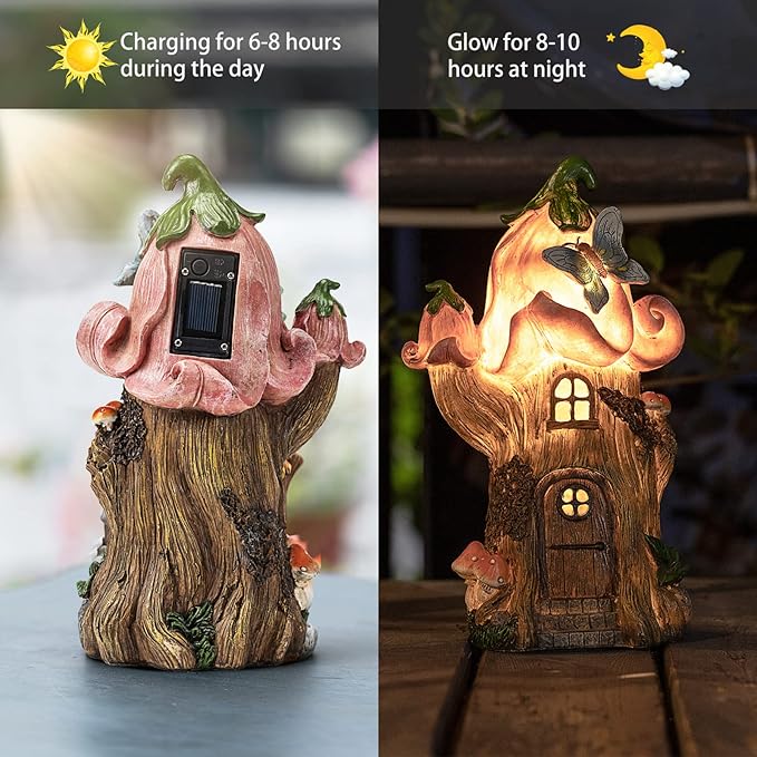 Fairy Garden Accessories Outdoor Statues, Mushroom House Decor,Large Gnome Solar Powered Lights Sculptures,Pink Resin Figurine Butterfly Figurines Lawn Ornaments for Patio Yard Decorations 11Inch-Ruum Studio Home