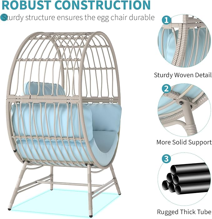 Egg Chair Outdoor Indoor, Oversized Rattan Chair with Thicken Cushion, 350LBS Capacity Wicker Patio Lounge Chair, Basket Chair for Living Room Balcony Porch Backyard, Blue-Ruum Studio Home