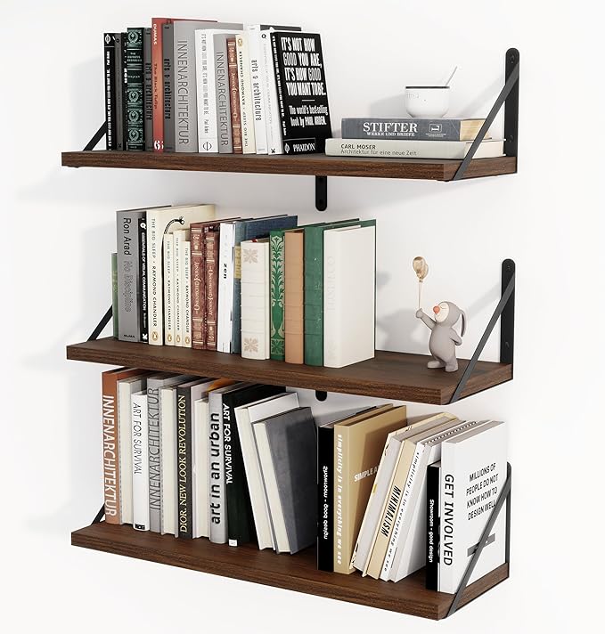 Heimlove Floating Shelves for Wall 24 Inches,8 Inches Deep Wall Bookshelf Mounted Display&Storage Wood Shelves for Kitchen Bathroom Laundry Living Room,Set of 3 (Walnut Color)-Ruum Studio Home