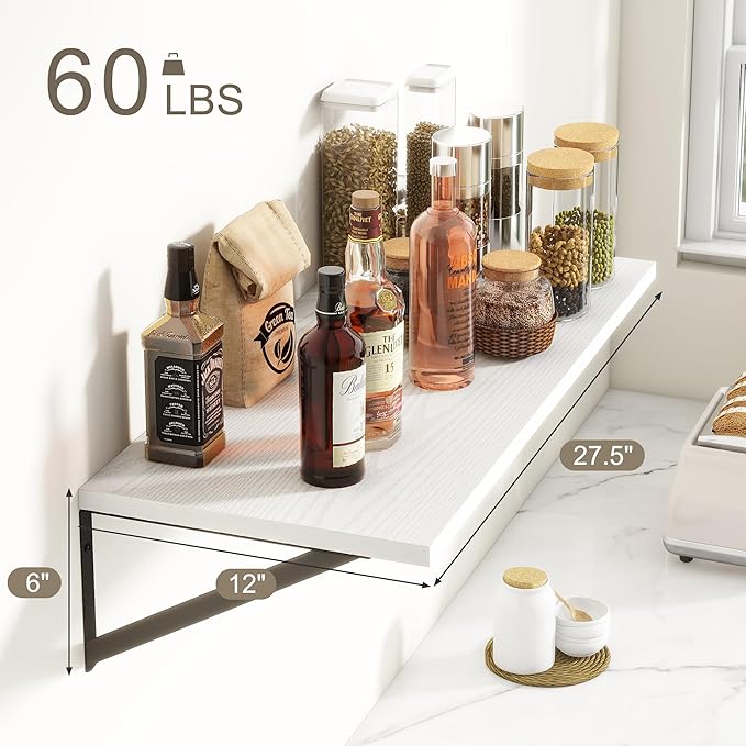 Fun Memories 27.5" W x12 D Floating Shelves, White Wall Shelf with Brackets, 12 Inch Deep Floating Shelf Set of 2, Large Storage Kitchen Living Room Bathroom Shelves, Wood Wall Mounted Shelf-Ruum Studio Home