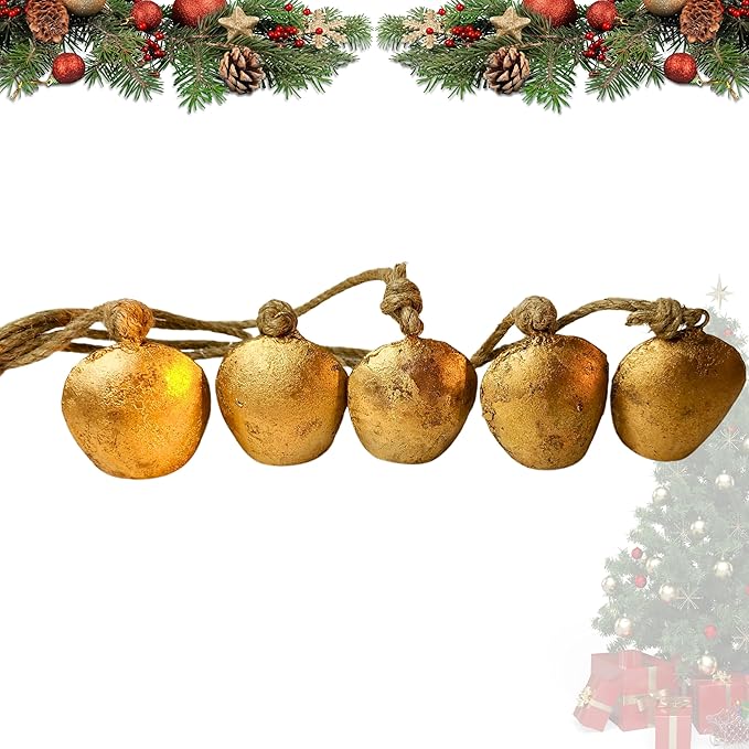 Harmony 5 Cow Bells Cluster on Rope - Large Rustic Vintage Lucky Cow Bells On Rope Wall Hanging Decor-Ruum Studio Home