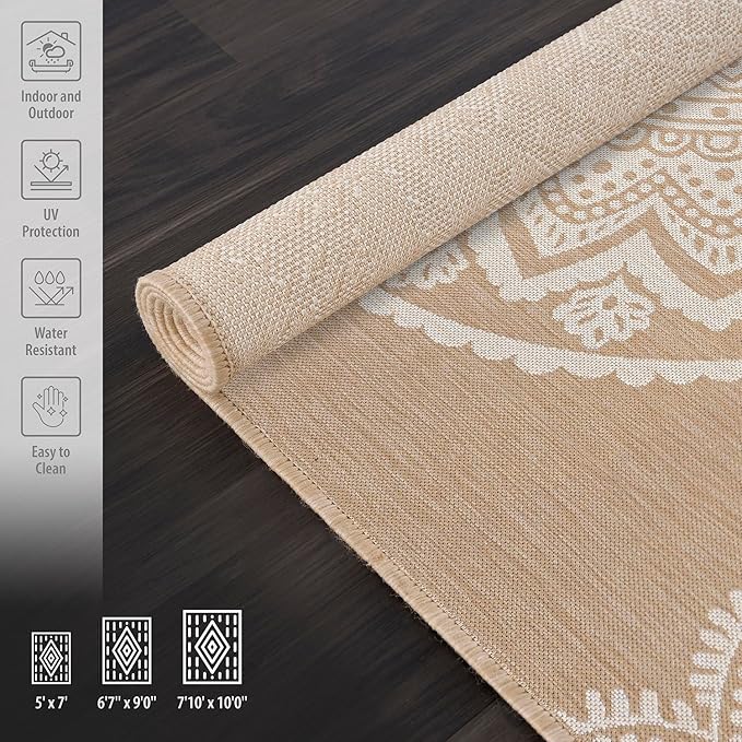 CAMILSON Outdoor Rug 5x7 Modern Area Rugs for Indoor and Outdoor Patios and Porches - Waterproof, Washable, Non-Shedding, Easy-to-Clean Outside Carpet (5 x 7, Medallion - Beige/White)-Ruum Studio Home
