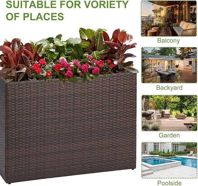 LEWIS&WAYNE Large Rectangular Block Planter Box Handmade Wicker Tall Planters for Outdoor Plants with Removable Liners Modern Planter for Indoor Outdoor Patio Deck - Brown, 38''x11''x30''-Ruum Studio Home