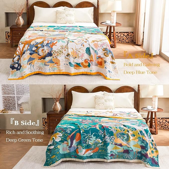 Fall Throw Blanket for Couch, Yellow Boho Decorative Throw Blanket, 100% Cotton Muslin Breathable Woven Farmhouse Blankets Quilt, 50"x60" Reversible Lightweight Blankets Bohemian Throw Quilt-Ruum Studio Home