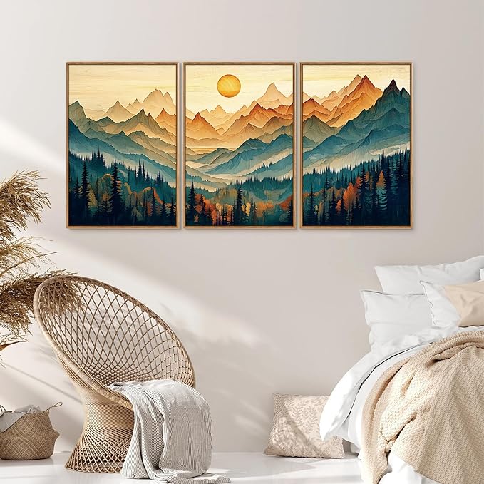 Tinonedraw Large Mountain Framed Canvas Wall Art Set of 3, Boho Nature Forest Wall Decor, Neutral Wooden Pine Trees Artwork, Sunrise Ridge Landscape Art Printing for Living Room Bedroom Office 16"x24"-Ruum Studio Home