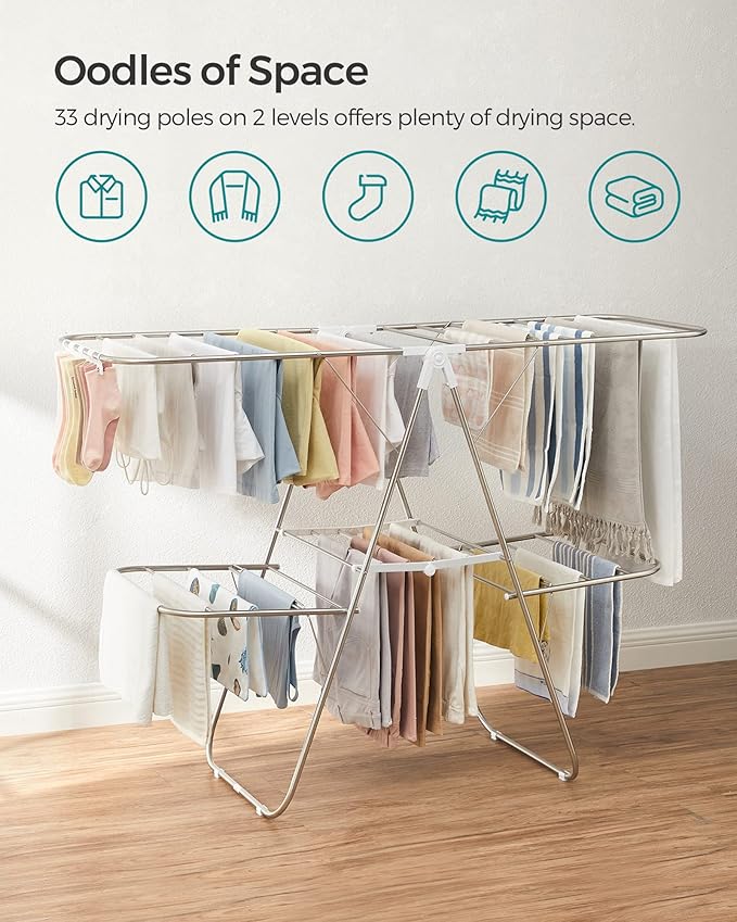 SONGMICS Clothes Drying Rack, Foldable 2-Level Laundry Drying Rack, Free-Standing Laundry Airer, with Height-Adjustable Wings, 33 Drying Rails, Sock Clips, Silver and White ULLR053W01V1-Ruum Studio Home