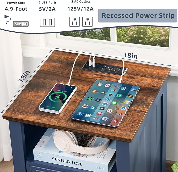 18" Farmhouse Night Stands Set of 2 with Charging Station, 2 & 3 Drawers End Table Dresser for Bedroom, Blue Wooden Nightstand, Bed Side Table with Open Shelf, Bedside Cabinet for Living Room-Ruum Studio Home