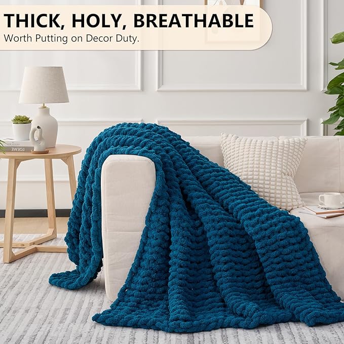 L'AGRATY Chunky Knit Blanket Throw: 50''x60'' Chenille Chunky Knitted Throw Blanket for Bed Couch - Handmade Thick Big Cable Knit Blanket - Large Crochet Rope Blanket for Home Decor(Blue)-Ruum Studio Home