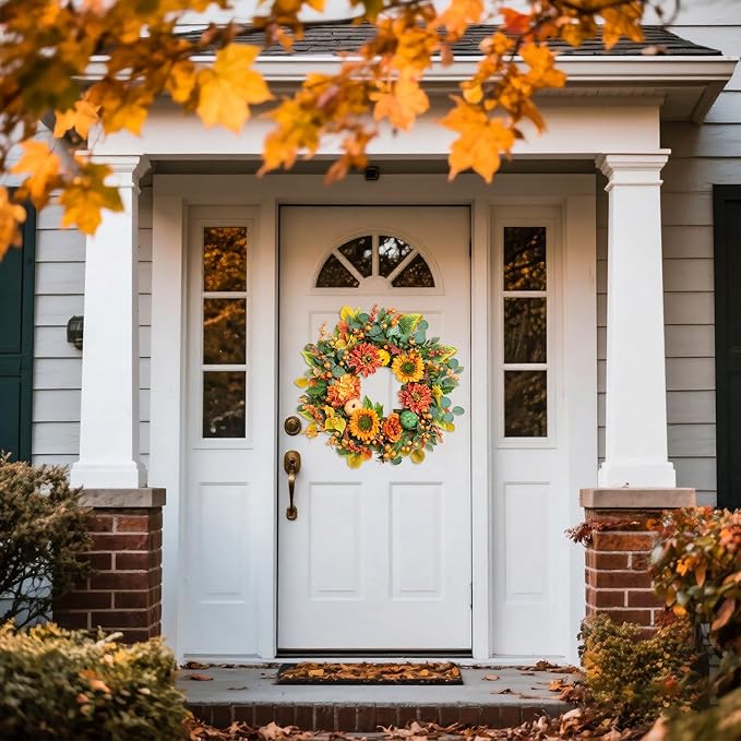 Fall Wreaths for Front Door 24 Inch Autumn Wreath with Sunflowers, Orange Dahlias, Maple Leaves & Berries – Fall Door Wreath for Outdoor or Indoor Thanksgiving Decor-Ruum Studio Home
