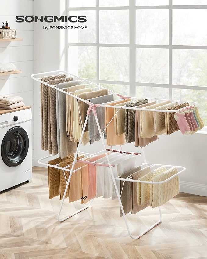 SONGMICS Clothes Drying Rack, Foldable 2-Level Laundry Drying Rack, Free-Standing Laundry Airer, with Height-Adjustable Wings, 33 Drying Rails, Sock Clips, White and Pink ULLR053P01V1-Ruum Studio Home