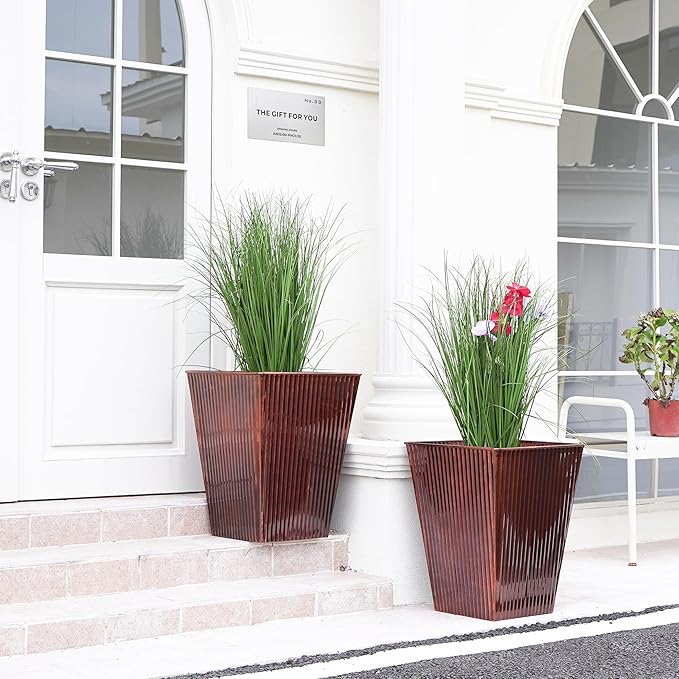 18in Vintage Handmade Metal Vertical Lines Copper Tapered Planters Set of 2, Galvanized Steel Planter Box with Drainage Hole for Indoor/Outdoor/Porch/Garden-Ruum Studio Home