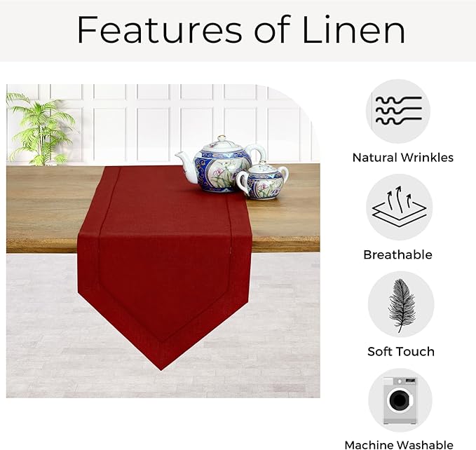 D'Moksha Homes Red Linen Table Runner 60 Inches Long - 100% Pure Linen Diamond Table Runner 14 x 60 Inch for Dining, Fall and Halloween - Machine Washable-Ruum Studio Home