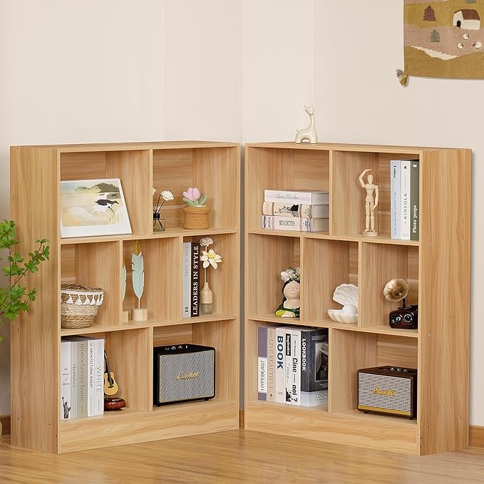 LEYAOYAO 7 Cube Bookshelf with Wood Base,Natural 3 Tier Mid-Century Modern Bookcase,Standing Wide Bookshelves Storage Organizer Shelf,Rustic Display Cabinet Book Shelves for Bedroom,Living Room-Ruum Studio Home