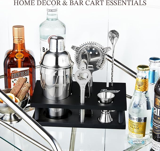 KITESSENSU Cocktail Shaker Set Bartender Kit, 6-Piece Silver Bar Set with Stand, Bar kit with Essential Bar Accessory Tools: Martini Shaker, Jigger, Strainer, Bar Spoon, Tongs, Opener-Ruum Studio Home
