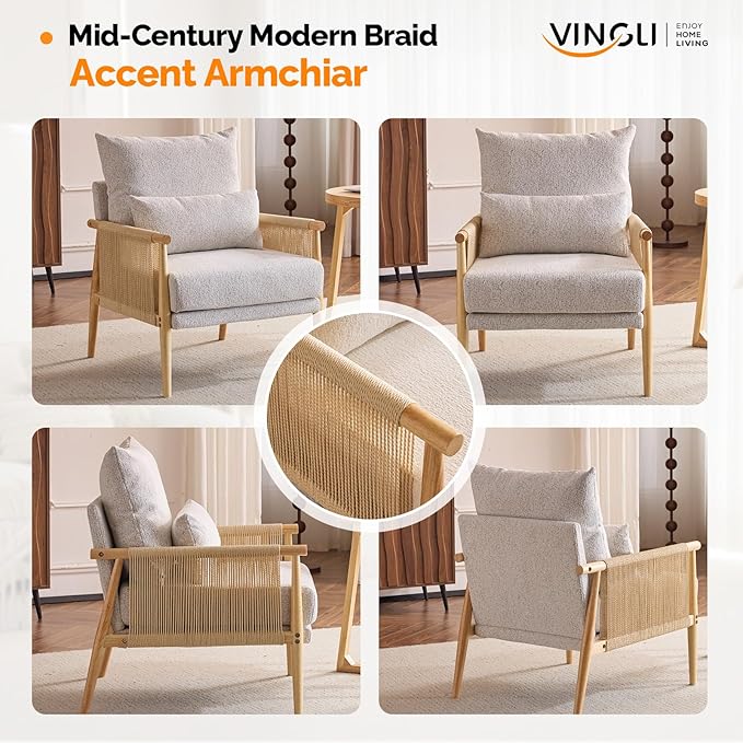 VINGLI Boho Braid Accent Armchair,Mid-Century Modern Chiar with Solid Wooden Armrest,Comfy Louge Cushion Chair with Waist Pillow for Bedroom,Living Room,Reading Room, Light Gray-Ruum Studio Home