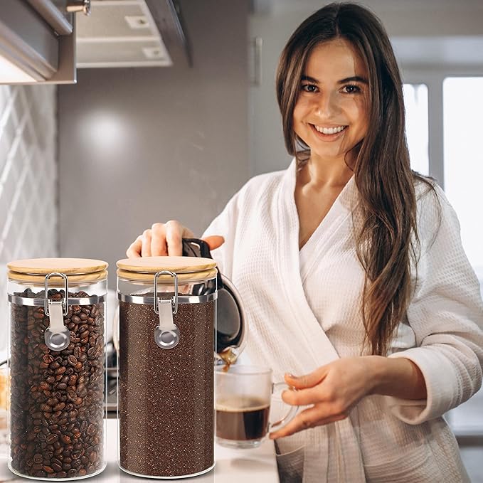 Glass Storage Jars Set Elegant Containers with Airtight Bamboo Lids, Perfect for Kitchen Organization - Flour, Rice, Pasta, Sugar, Coffee Beans, Accessories Included (Coffee Jar x 2)-Ruum Studio Home