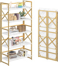 4NM 5 Tiers No Assembly Book Shelves, 51.2" H Folding Bookshelf Bookcase Open Industrial Foldable Shelves for Bedroom, Living Room, Home Office - White Gold-Ruum Studio Home
