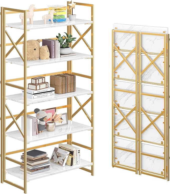 4NM 5 Tiers No Assembly Book Shelves, 51.2" H Folding Bookshelf Bookcase Open Industrial Foldable Shelves for Bedroom, Living Room, Home Office - White Gold-Ruum Studio Home