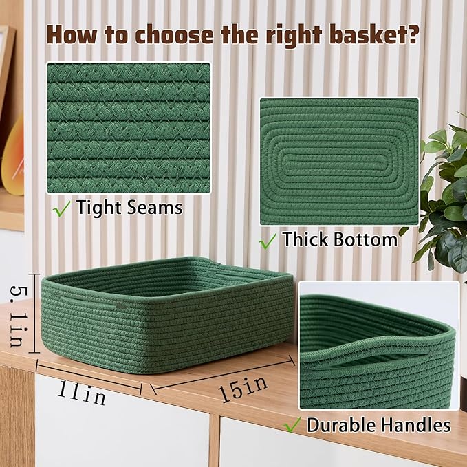 Large Shallow Organizing Baskets 15x11x5.1 Inches - Rope Woven Storage Bins for Bathroom, Shelves, Cube Closet, Green 2 Packs-Ruum Studio Home