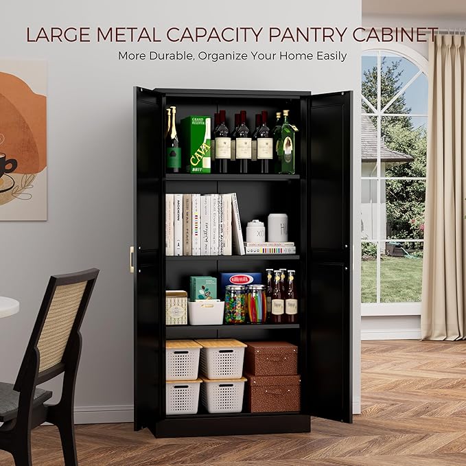 60" Tall Metal Pantry Cabinet, Black Kitchen Pantry Storage Cabinet with Doors and 3 Adjustable Shelves, Cupboard for Kitchen, Dining Room, Living Room, Bathroom-Ruum Studio Home