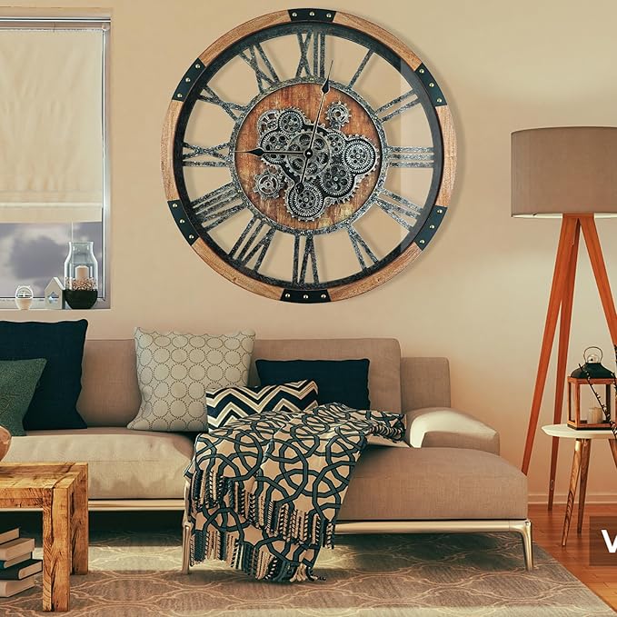 DORBOKER 36'' Large Wall Clock Real Moving Gears Oversized Industrial Solid Wood Rusic Farmhouse Clocks for Living Room Wall Decor Home Office, 36 inch 90cm, Brown and Vintage Bronze-Ruum Studio Home