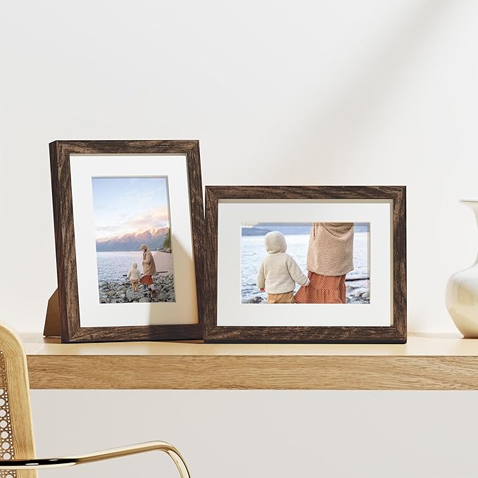 Vittanly 6x8 Picture Frames Set of 9, Shatter Resistant Plexiglass, Display 4x6 Pictures with Mat or 6x8 without Mat, Photo Frames for Wall or Tabletop, Engineered Wood, Brown-Ruum Studio Home