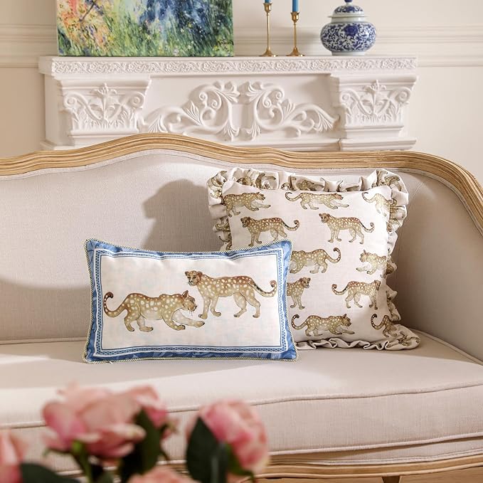 patdrea Designer Throw Pillow Covers for Couch,Vintage French Linen Pillows Cover with Cheetah Pattern and Luxury Pendant,Fall Farmhouse Decorative Pillowcases for Bed Living Room Outdoor Set of 4-Ruum Studio Home