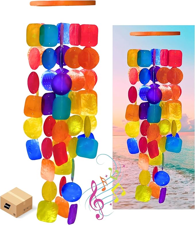 Bellaa 22890 Wind Chimes Outdoor, Garden Decorations, Musical, Indoor/Outside Windchimes, Beach, Ocean Breeze, Gifts for Mom, Gift for All Occasions, Capiz Sea Glass Shells Wood 27 inch Rainbow-Ruum Studio Home