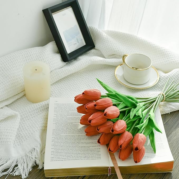 Mandy's Artificial Tulips 20 Stems Terracotta PU Faux Flowers for Wedding Home Decor 13.5 Inch-Ruum Studio Home