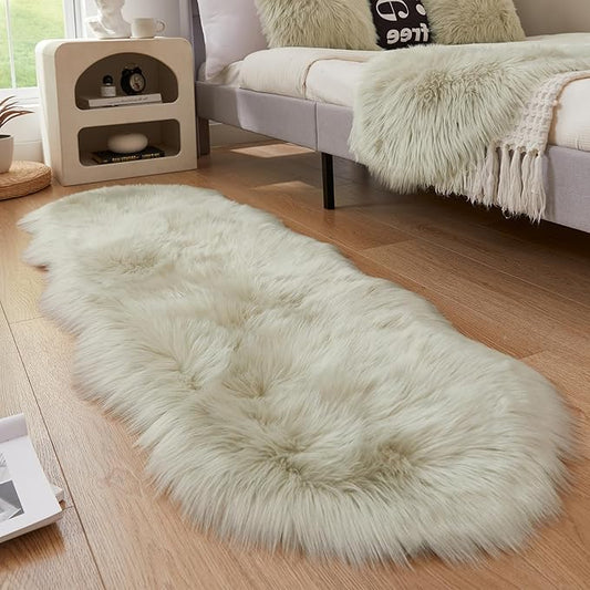 AMTOVO Faux Sheepskin Rug, Light Grey Ultra Soft Fluffy Shag Area Rug, 2 x 6 ft Faux Fur Rug for Bedroom Sofa Throw Cushion Room Decor, Sheepskin-Ruum Studio Home