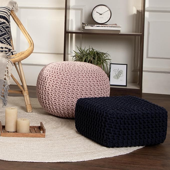 REDEARTH · Cube Low Pouf Foot Stool Ottoman - Hand Knitted Poof - Cord Boho Pouffe - Home Décor - Stuffed Footrest for Living Room - Nursery - Bedroom - Patio (16" x 16" x 8") - Navy Blue-Ruum Studio Home