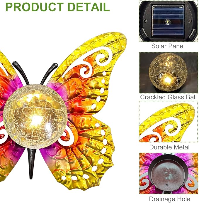 Solar Lights Outdoor Garden Butterfly Decor, Metal Butterfly Statue Decoration with LED Crackle Glass Globe, Solar Powered Lighted Garden Art Decor for Patio Lawn Yard Pathway Tabletop Ground-Ruum Studio Home