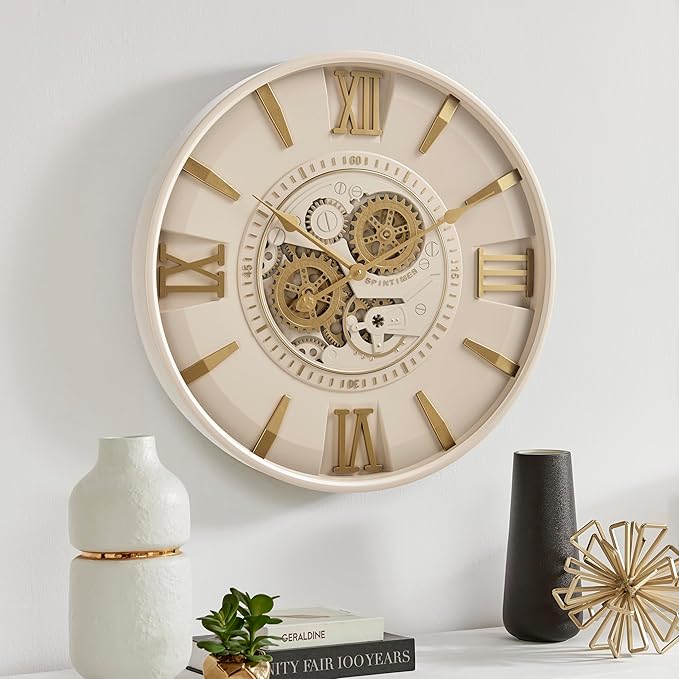 CLXEAST Mid Century Minimalist Modern Wall Clocks,24 Inch Wall Clock with Moving Gears, Large Cream Gold Wall Clocks for Living Room Decor,House Warming Gifts New Home-Ruum Studio Home