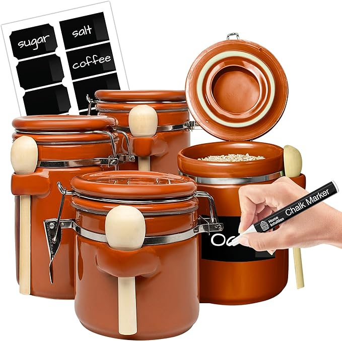 Home Intuition Ceramic Kitchen Canisters Set of 4 with Wooden Spoon Set – Airtight Containers, Metal Latches for Utmost Freshness – Sugar, Coffee, Flour, Tea & More | Rust-Ruum Studio Home