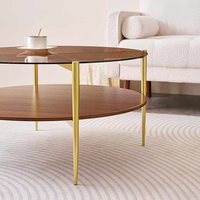 Extra Large Round Coffee Table, Mid-Century Modern Design, D34 x H17 in, for Living Room, 2-Tier Structure, Amber Glass Top and Walnut MDF Shelf, Sleek Conical Metal Legs with Gold Finish-Ruum Studio Home