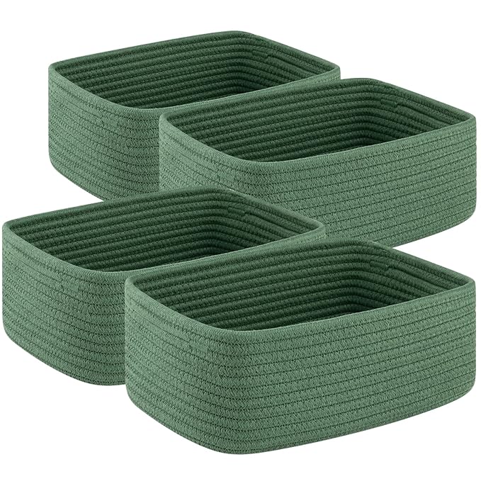 4 Pack Small Storage Shelf Baskets for Organizing, Mini Woven Rope Storage Bins for Towels, Cute Decorative Closet Organizer，Baby Nursery, Gift Empty Baskets -13''Lx8.66''Wx5.11''H-Green-Ruum Studio Home
