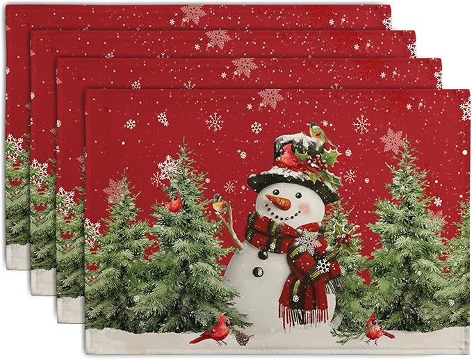 Snowman Christmas Red Placemats Set of 4 Xmas Tree Cardinal Snowflakes Linen Table Mats Seasonal Winter Holiday Place Mats Washable Placemat for Party Kitchen Dining Outdoor Indoor Decor-Ruum Studio Home