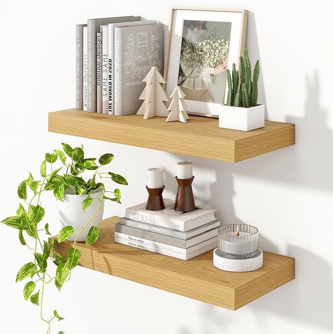 Heimlove 24 inch Floating Shelves for Wall,9.3 inch deep Bathroom Over Toilet Shelf,Wall Mounted Rustic Wood Shelves for,Bedroom,Living Room,Kitchen,Office Decor Set of 2-Oak Color-Ruum Studio Home