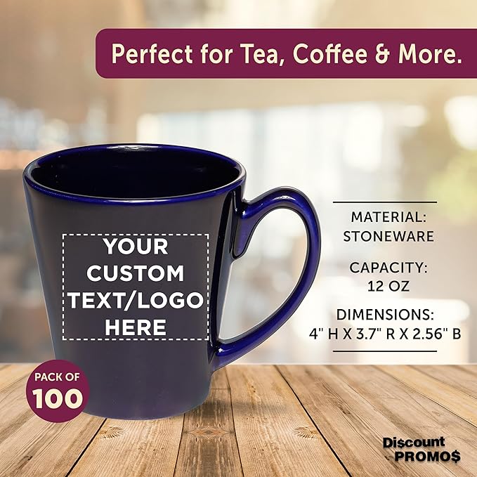 DISCOUNT PROMOS Custom Glossy Ceramic Latte Coffee Mug 12 oz. Set of 100, Personalized Bulk Pack - Perfect for Tea, Espresso, Cappuccino, Hot Cocoa - Blue-Ruum Studio Home