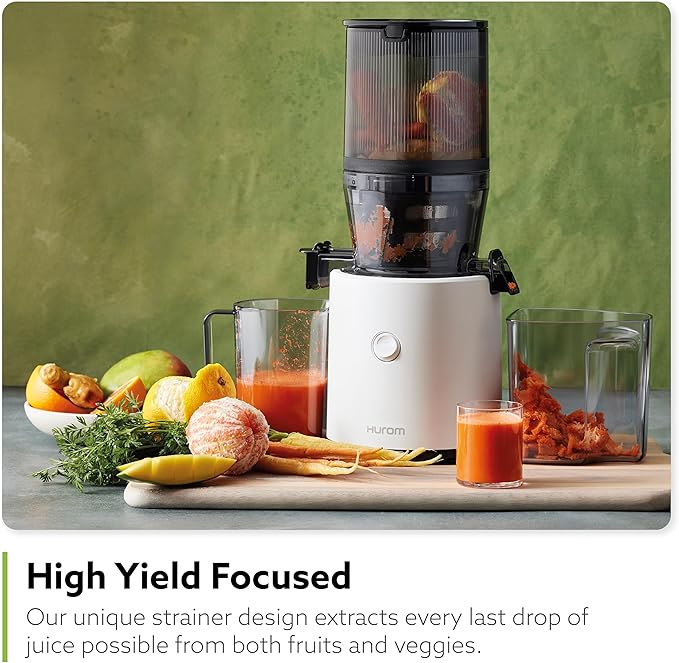 Hurom H320 Cold Press Juicer Machine, Easy to Clean Masticating Slow Juicer, Coarse Strainers, Self-Feeding, Hands Free, Family Size, Quiet Motor, Easy Assembly (White)-Ruum Studio Home