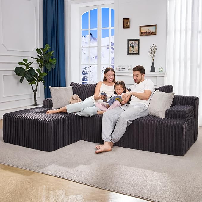 Hobestluk 96“ Modular Sectional Sofa Couches L-Shape Couch 3 Seat Modular Sofa Memory Foam Sectional Couches for Living Room, Cloud Couch with Oversized Chaise (Grey, Stripe (Left Facing Chaise))-Ruum Studio Home