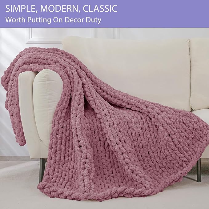 Bigacogo Chunky Knit Throw Blanket for Couch, 40x80 inches, 100% Hand Knitted with Thick Jumbo Chenille Yarn, Cozy Soft Large Rope Knot Cable Crochet Blankets for Sofa Bed Living Room, Burnt Rose-Ruum Studio Home