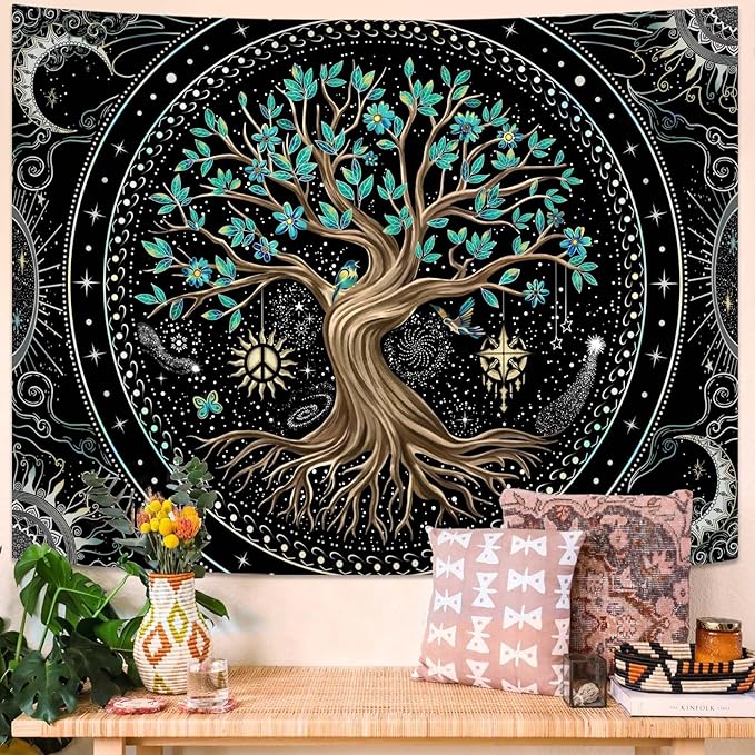 Lunerfex Tree of Life Tapastry Butterfly Moon Tapastry Flower Green Tree Tapestries Mandala Wall Hanging for Bedroom and Living Room Decor 44×60 Inches-Ruum Studio Home