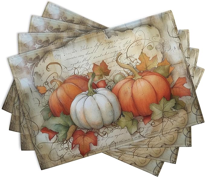 Fall Pumpkin Maple Leaf Placemats Set of 4, 12x18 Inch Vintage Autumn Harvest Rustic Leaves Table Mats Seasonal Fall Thanksgiving Washable Linen Fabric Place Mats for Party Kitchen Dining Decor-Ruum Studio Home