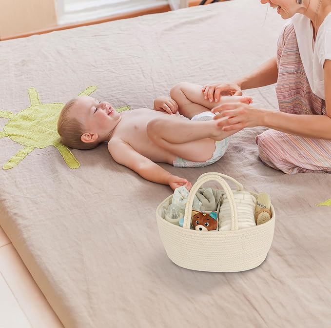 Diaper Caddy Organizer Cotton Rope Baby Basket Nursery Storage and Portable Tote Bag for Car Ideal Baby Shower Gifts and Registry Must-Have for Newborn Essentials beige-Ruum Studio Home